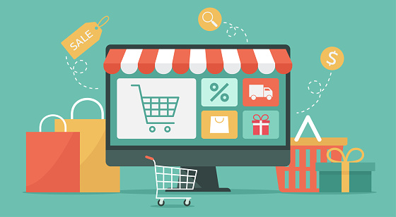 internet shopping concept on computer, e-shopping and e-commerce, online digital store with shopping cart and goods, vector illustration