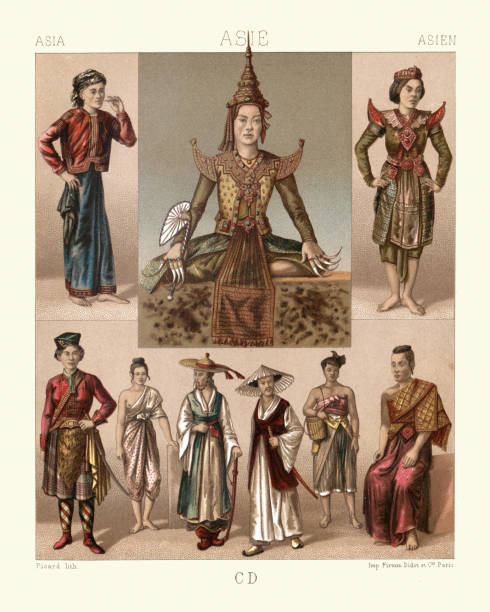 Traditional asian costumes, Laotians, Siamese, Korean,19th Century Vintage illustration of Traditional asian costumes, Laotians (Lao people), Siamese, Korean,19th Century traditional thai costume stock illustrations
