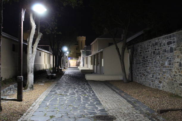 istock Dimly lit alley at night 1257048666