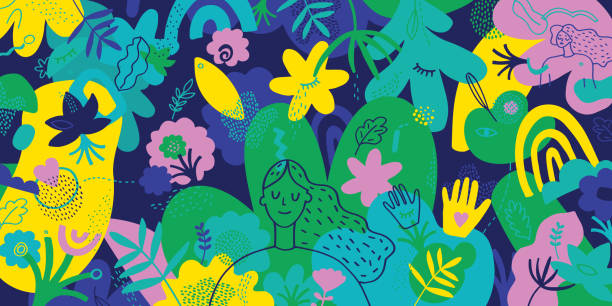 Mindfulness Vibrant Illustration With Hand Drawn Elements Vibrant hand drawn illustration depicting mindfulness concept. loving life stock illustrations