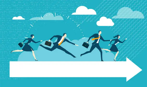 Vector illustration of Business people running towards success. Business, finance industry background with business people working and solving the problems, workflow management. Leadership and business concept flat design.