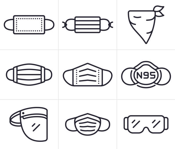 Face Masks, Coverings and PPE Personal Protective Equipment Symbols and Icons Coronavirus face coverings, face masks and PPE personal protective equipment line icons and symbols. protective eyewear stock illustrations