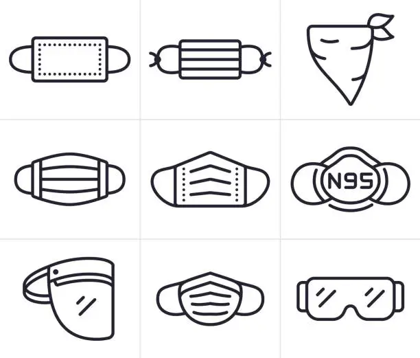 Vector illustration of Face Masks, Coverings and PPE Personal Protective Equipment Symbols and Icons