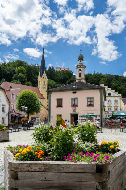 Square in the historic old town of Riedenburg, Germany on July 3, 2020.