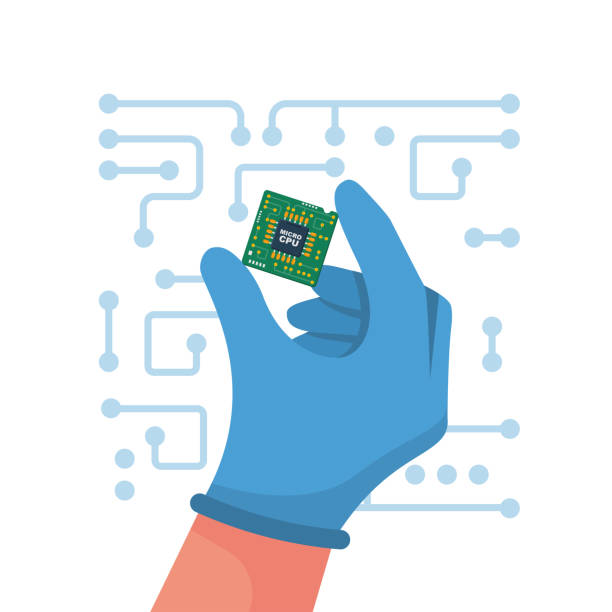 Computer chip in hand. Vector illustration flat design. Computer chip in hand. Vector illustration flat design. Isolated on white background. CPU computer close up. Hands repairman in gloves hold processor microchip. Service Center Electronics. semiconductor stock illustrations