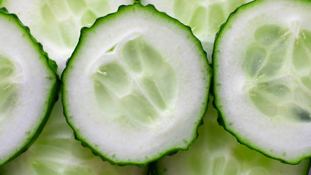 close-up macro de fatias de pepino fresco com sementes e pele verde nas bordas, banner vegetal horizontal. fundo macro sobre alimentos orgânicos crus saudáveis, ingrediente para salada, pratos vegeterianos - vegeterian food - fotografias e filmes do acervo