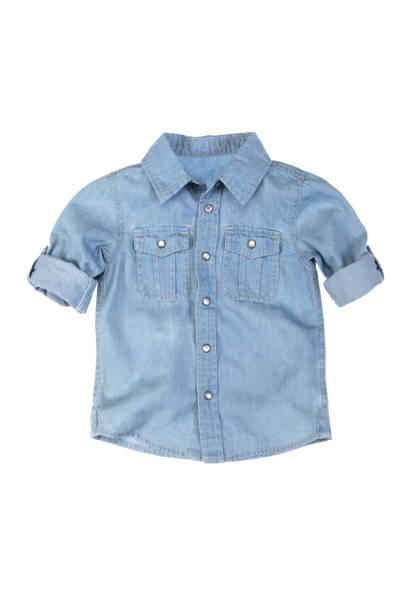 istock Blue children's denim shirt on a white background 1257057388