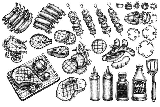 黒と白のスパチュラ、ポークリブ、ケバブ、ソーセージ、ステーキ、ソースボトル、グリルバーガーパテ、グリルトマト、グリルサーモンステーキ、グリルピーマンのベクターセット - cooked pepper salmon food点のイラスト素材／クリップアート素材／マンガ素材／アイコン素材