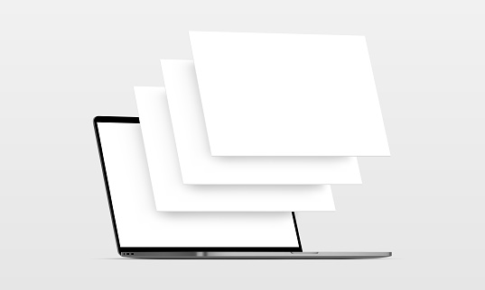 Laptop computer mockup with blank wireframing pages