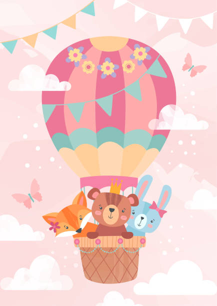 Cute little cartoon animals in a hot air balloon Kids greeting card or poster design with cute little cartoon animals riding in the basket of a hot air balloon over a pink sky with clouds, colored vector illustration balloon patterns stock illustrations