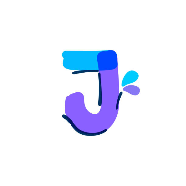 illustrazioni stock, clip art, cartoni animati e icone di tendenza di logo della lettera j con gocce d'acqua e onde. scritto a mano con una pennarello. - alphabet blue felt capital letter