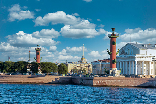Rostra column pillars Strelka before the stock exchange and Admiralty in St. Petersburg, Russian Federation