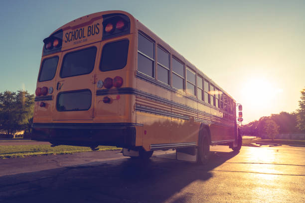 Low angle view of yellow school buss from right rear at dusk looking into setting sun Sunset view of public school transportation with shadow and reflection of dropping sun on road and vehicle moving away empty school bus stock pictures, royalty-free photos & images