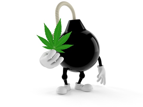 Bomb character holding cannabis leaf isolated on white background. 3d illustration