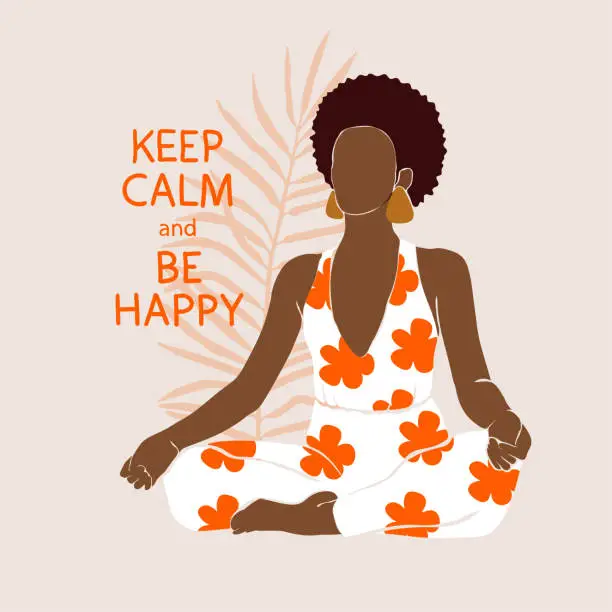 Vector illustration of Positive african american woman doing yoga in a lotus position sits, meditates. Wellness Vector illustration