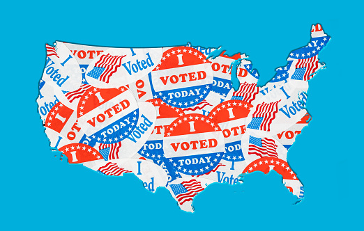 Many voting stickers given to US voters in Presidential election formed in the shape of the USA to illustrate vote rights