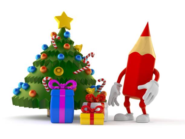 istock Colored pencil character with christmas tree and gifts 1257068763