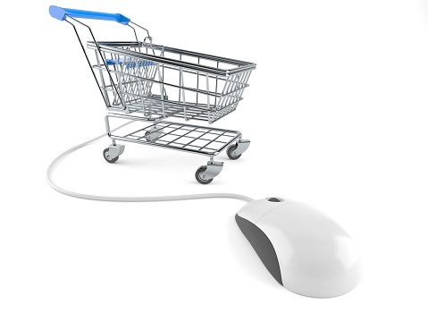 Shopping cart with computer mouse isolated on white background. 3d illustration