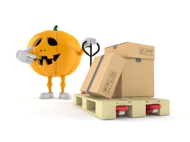 carácter de calabaza de halloween con camión de paletas de mano con cajas de cartón - halloween pumpkin jack olantern industry fotografías e imágenes de stock