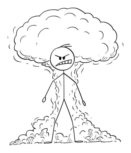 Vector illustration of Vector Cartoon Illustration of Angry, Furious and Raging Man Expressing His Emotion with Nuclear Atomic Explosion in Background