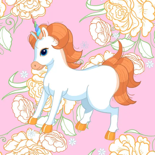 Vector illustration of Seamless background with pink roses and cute baby unicorn. Ornamental pattern with beautiful garden floral motif. Great for fabric and textile, wallpaper, packaging or any desired idea.