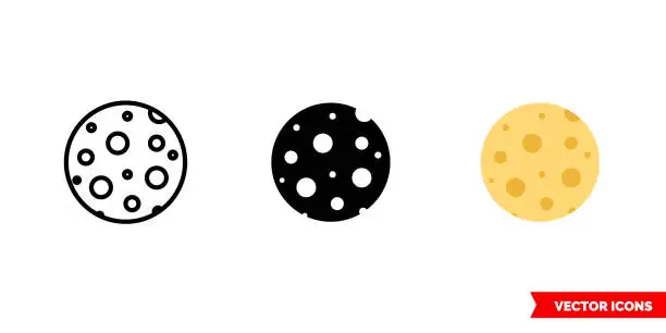 Vector illustration of Moon icon of 3 types. Isolated vector sign symbol