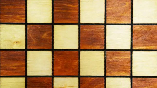 Photo of Wooden background of a chessboard close-up. Vintage texture of a chess Board. White and black squares.