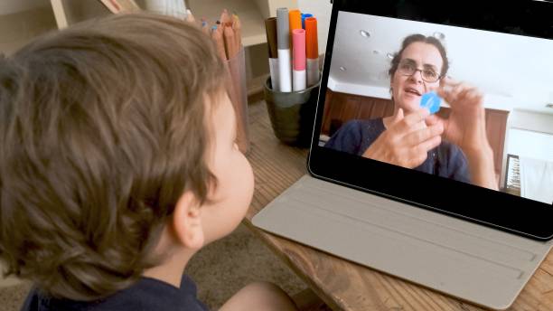 istock Little child boy following a preschool class using distance learning 1257076475
