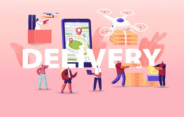 Vector illustration of People Using Drones for Food Delivery Concept. Quadcopters Bringing Pizza to Characters. Aerial Drone Remote Control