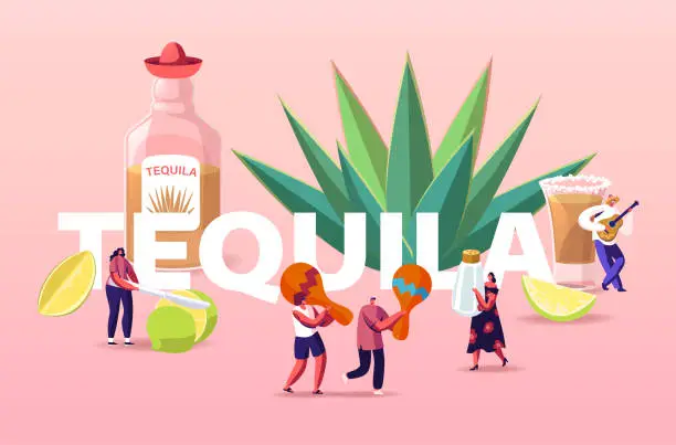 Vector illustration of People Drinking Tequila Concept. Tiny Characters with Maracas, Salt and Lime at Huge Bottle and Agave Azul Plant Poster