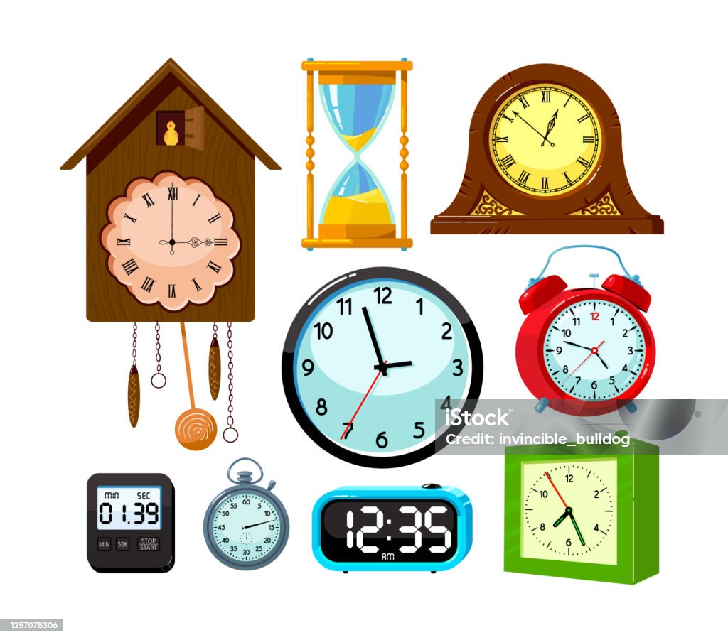 Set Of Clocks Icons Isolated On White Background Cuckoo Clock Sand  Hourglass And Electronics Watch With Digital Dial Stock Illustration -  Download Image Now - iStock