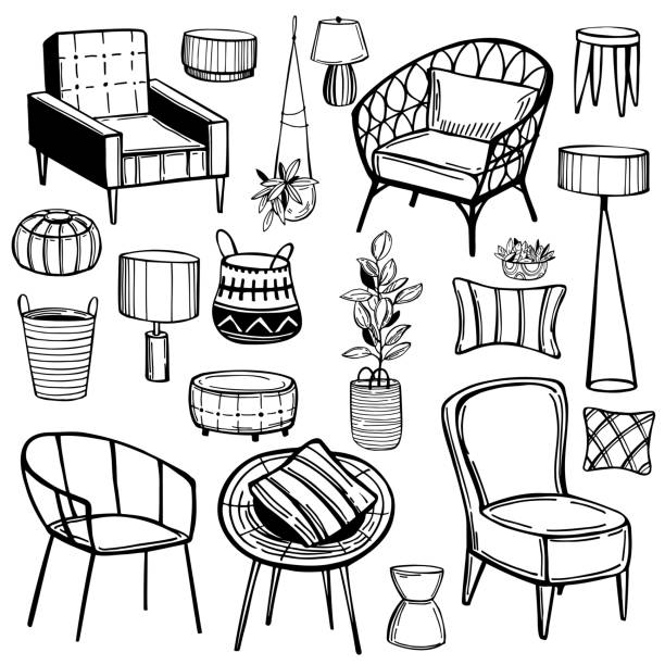 Furniture, lamps and plants for the home. Furniture, lamps and plants for the home. Vector sketch  illustration. bedding illustrations stock illustrations