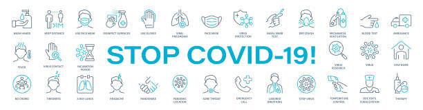 stoppen sie covid-19! -virus dünne linie icon set. coronavirus-vektor-illustration - cotton gloves stock-grafiken, -clipart, -cartoons und -symbole