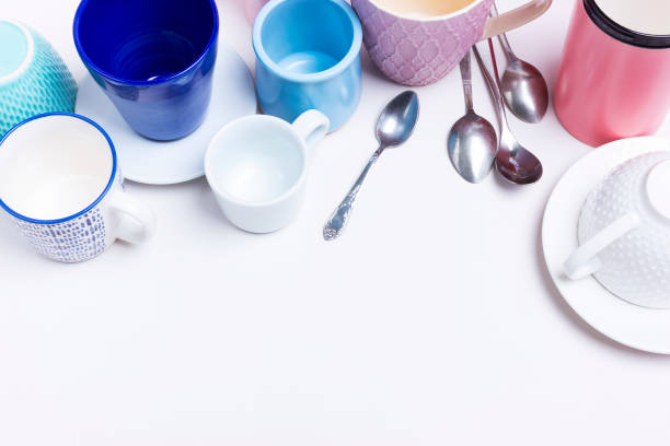 istock A collection of many different multi-colored mugs and tableware. Kitchen or leftover concept for a store sale 1257079748