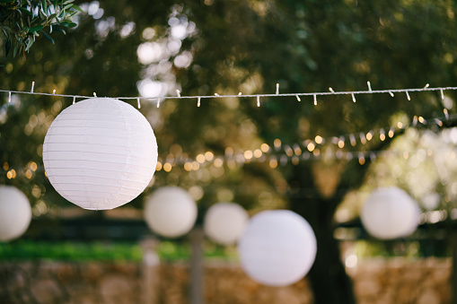 Paper lanterns. A garland of paper balls. High quality photo