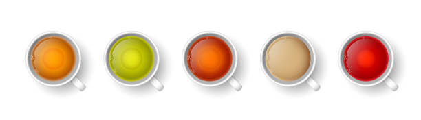 realistische 3d tasse heißen aromatischen tee-set. eine teetasse mit rooibos, grün, schwarz, kräuter, roter tee, indischer masala-tee mit milch-top-ansicht auf weiß isoliert. vektor-illustration für web, menü, app, design - cafe breakfast scented coffee break stock-grafiken, -clipart, -cartoons und -symbole