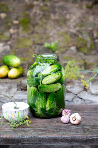 istock Lightly salted cucumbers and dill in a glass jar 1257082582