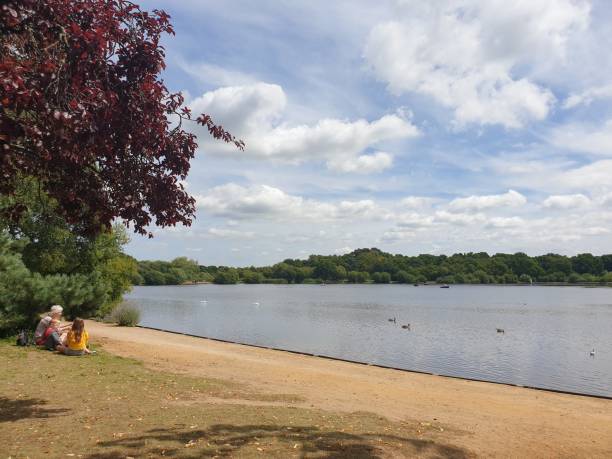 People enjoying sunny day at Heath Pond, Petersfield, England, UK 18-July-2020 People enjoying sunny day with water view near the pond petersfield stock pictures, royalty-free photos & images