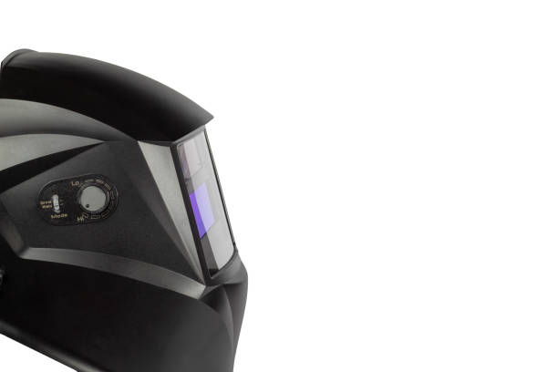 istock Black mask to perform welding work on a white background, view from the side. 1257087345
