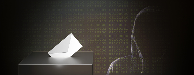 Election hacking fraud concept. Hooded hacker, no face and white envelope in a black color ballot box slot, dark background, banner, copy space. 3d illustration