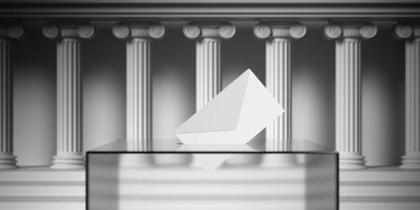 white envelope in a glass ballot box slot against ancient columns building background. 3d illustration - cast in stone imagens e fotografias de stock