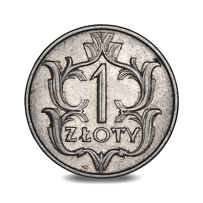 Polish coin with a face value of one on a white background