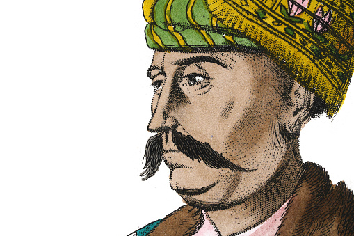 High resolution photograph of a detail from a painting of a Mughal indian man with moustache