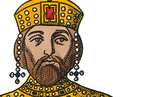 High resolution photograph of a detail from a painting of a Byzantine emperor in golden crown and jewels