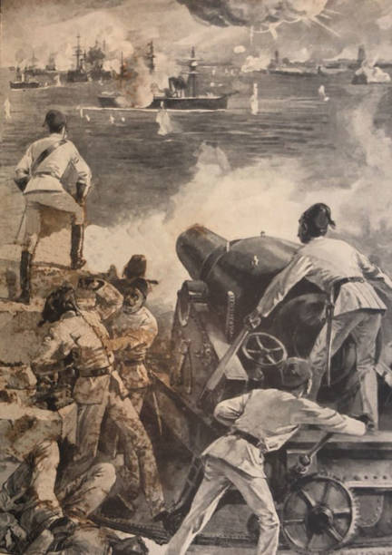 antike illustration - bombardierung von alexandria - große kanone - ägypten 1882 - großbritannien - ship africa egypt europe stock-grafiken, -clipart, -cartoons und -symbole