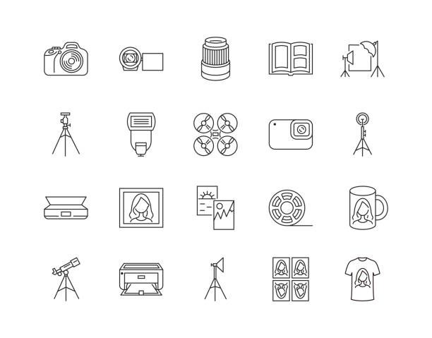 ilustrações de stock, clip art, desenhos animados e ícones de photocopying and scan services line icon. photographic equipment for professional photographers. photos of the documents. digital and optical technology. design and printing on mugs and t-shirts. - self lov