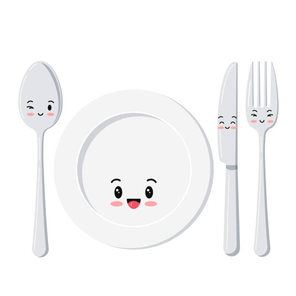 śliczny biały talerz z łyżką, nożem i widelcem emoji ustawiony na białym tle. - fork silverware table knife spoon stock illustrations