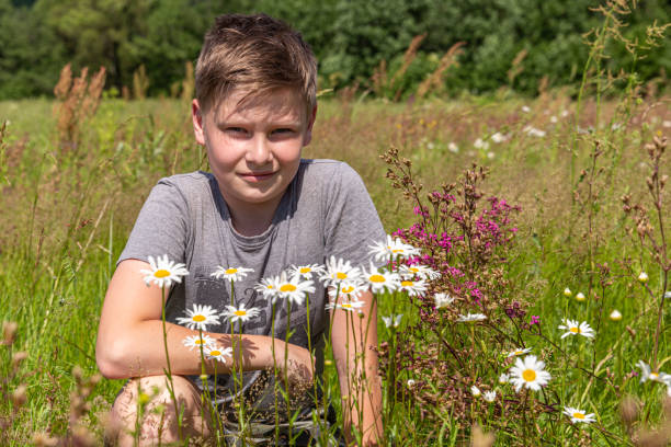 istock Portrait of a boy on blooming field 1257096494