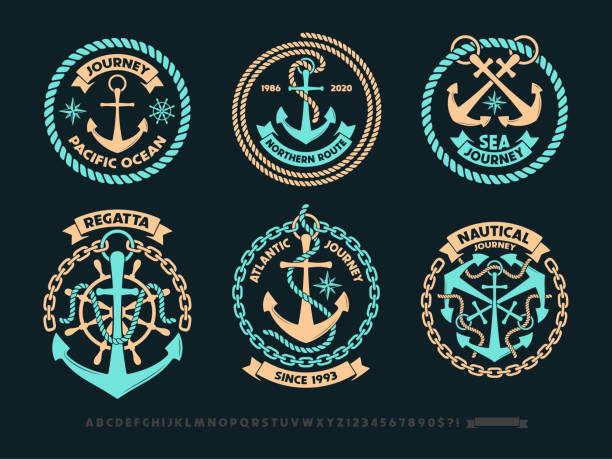 Anchor logo, nautical adventure emblem, t-shirt print style. Vector illustration set