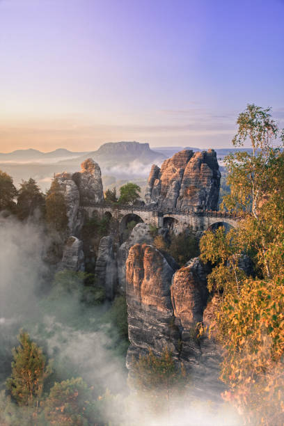 amanecer en el puente bastei sobre el río elba en las montañas de arenisca del elba de alemania. una de las regiones de senderismo más espectaculares de europa. el extraño paisaje primigenio de la suiza sajona simplemente abruma a los visitantes. - basteifelsen fotografías e imágenes de stock